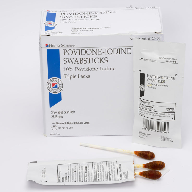 Henry Schein Prep Povidone-Iodine Swabsticks 3's, Individually Packed, Sterile, Antiseptic for Skin Preparation, 10% Povidone-Iodine- 50 Count (Pack of 2) White 50 Count (Pack of 2)