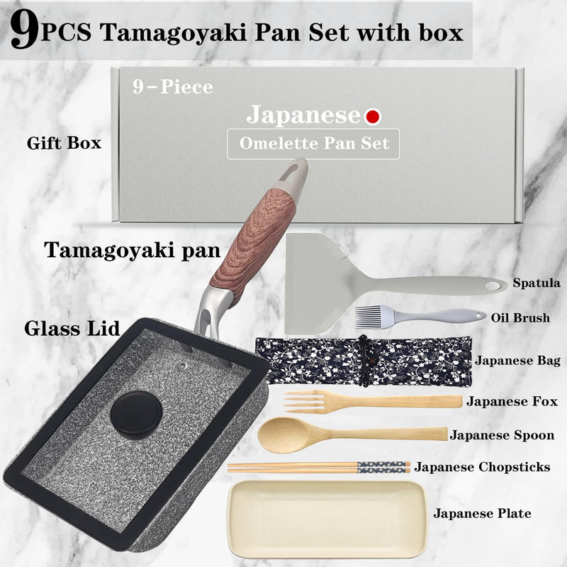 9Pcs Tamagoyaki Pan Set, Japanese Omelette Pan Nonstick with Lid, Square Japanese Egg Skillet Rectangle 7"x5" Grey Gray