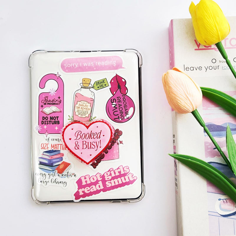 Cute Pink Heart Expandable Collapsible Grip, for with Kindle E-Readers, iPhones and Smartphones,Rotating Folding Elastic Base, A Gift for Book Lover Booked&Busy