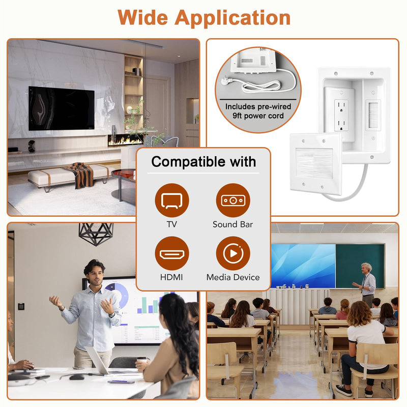 in Wall Cable Management Kit with Recessed Tv Outlet Box-Two-Hole Socket, 9ft Cord,Tv Cable Hider Wall Kit Hider Box Fits All Plugs, Easy, Safe Cable Management Full Management Kit