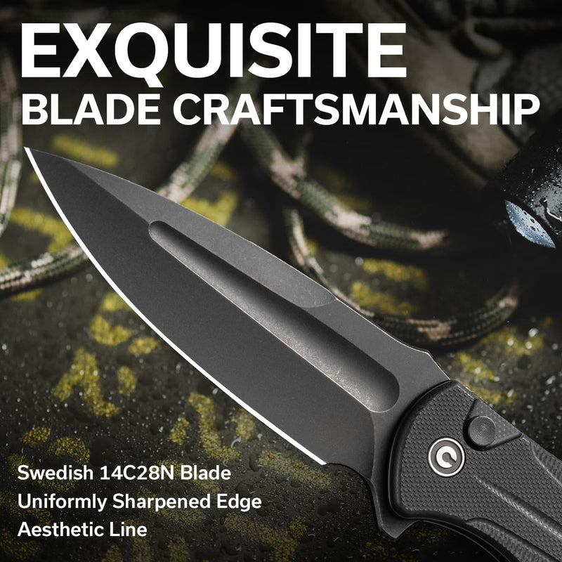 CIVIVI Incindie Pocket Knife for Men, Folding Knife with 3.48" 14C28N Blade Milled G10 Handle for EDC C23053-1 (Black) Black
