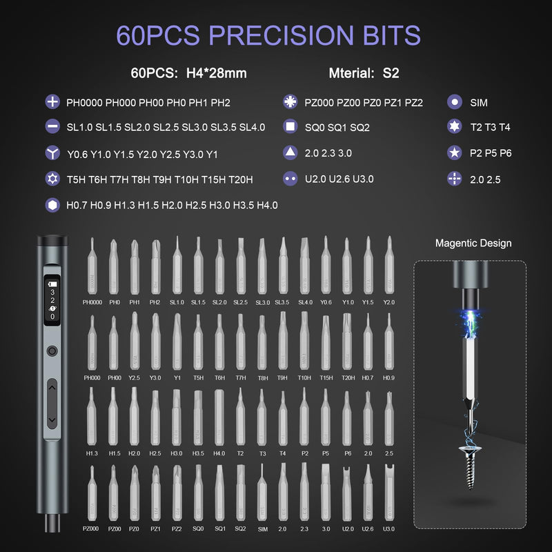 JXTZ Electric Screwdriver Set, 60 in1 Precision Screwdriver Kit with Magnetic Bits, OLED Screen, 3 torque, Repair Tool with Magnetic Storage for Repairing Toy Electronics Phone Camera Laptop Watch
