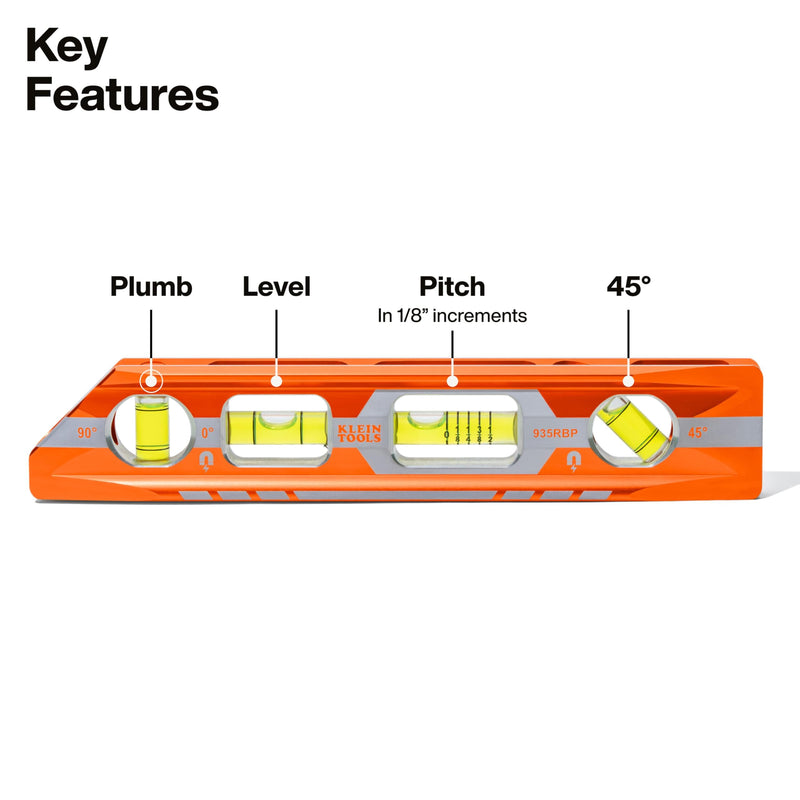 Klein Tools 935RBP 8-Inch Pitch Vial Torpedo Level with Magnetic Track, Vials Read 0/45/90 and Pitch in 1/8-Inch Increments, Level For Electricians, Construction, Plumbing, and Inspections