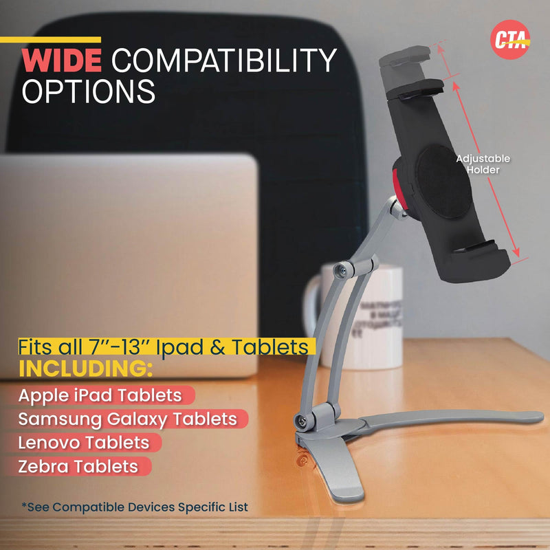 3-in-1 Mount Stand – CTA Multi-Flex Tablet Base and Support Installs on Walls or Folds for iPad 10th Gen 10.9" - 7/8/9 Gen 10.2” - Air 4 - Pro 11” - Galaxy Tab S3 - Silver (PAD-KMSB) Non-Security Black