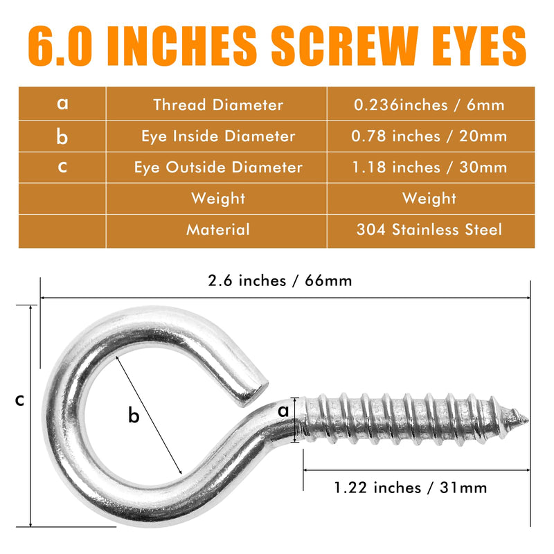 40PCS 2.5 inches Screw Eyes M6 304 Stainless Steel Eye Screws, Heavy Duty Screw, Eye Hooks Screw Eye Bolts Eye Hooks Screw, Indoor & Outdoor Uses (40, M6-2.5inch) 40