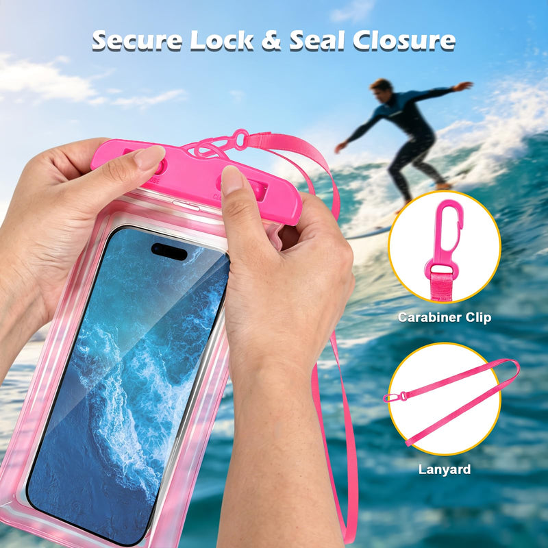 DLseego 2pc PVC Floating Waterproof Phone Pouch with Lanyard (Pink+White) | Universal Case for iPhone 17 16 15 13 Pro Max Up to 7", Beach Cruise for Apple iPhone,Samsung,and More Pink+White