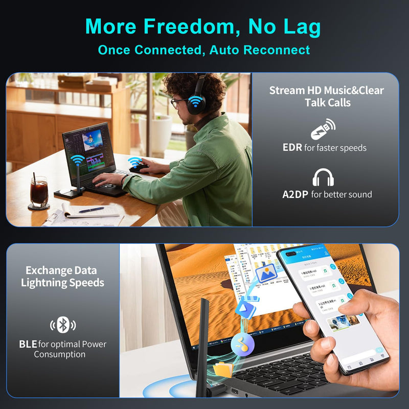 100-150M Long Range Bluetooth 5.4 Adapter for PC, Wireless USB Dongle w/ 5dBi Antenna for Laptop Desktop Windows 11 10 8.1 7, Plug n Play Bluetooth Headphones Headset Speaker Mouse Keyboard Printer