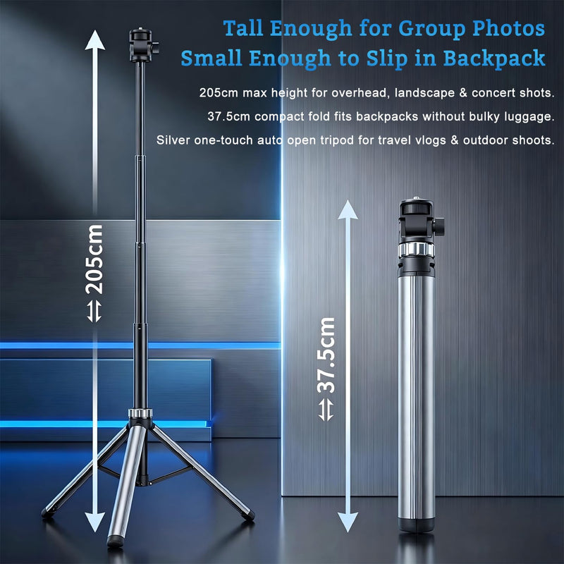 81'' Auto-Open Travel Selfie Stick Tripod for DJI Osmo Pocket 3 4 | Lightweight Extendable Aluminum Tripod Stand for Camera/Smartphone/Ring Light, Portable Tripod for Outdoor Hiking Vlogging