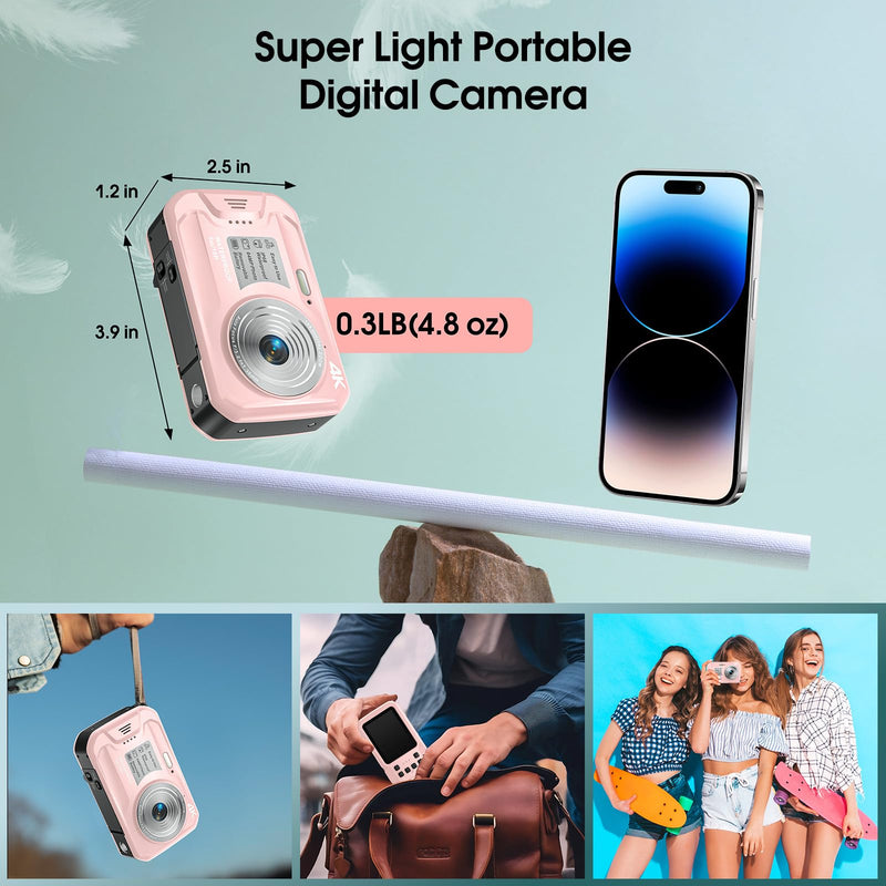 4K Underwater Camera, 64MP 16FT Waterproof Camera w/16GB Card, Light Pink | Floatable Digital Camera, 16X Digital Zoom, Auto Focus, Fill Light, 650mAh Battery, Ideal for Travel, Surfing, Swimming