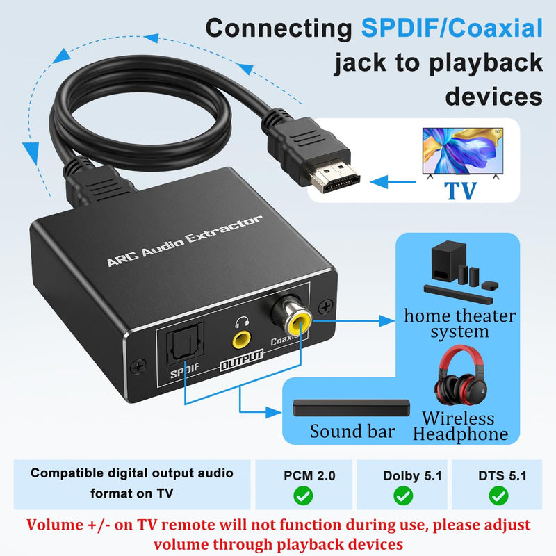 HDMI ARC Audio Converter, ARC to Toslink Optical & 3.5mm AUX Adapter | Connect ARC‑Enabled TV to Soundbar, Amplifier, Speaker and Headphone, TV Remote VOL +/- Non‑Functional During Use Black Optical, AUX, Coaxial