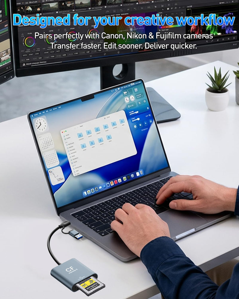 CFexpress Type B & SD Card Reader, USB 3.2 10Gbps Dual Slot, 2-in-1 USB-C/USB-A CFexpress Type B Adapter for Windows/Mac/Linux/Android, Ideal for Photographers & Videographers Gray