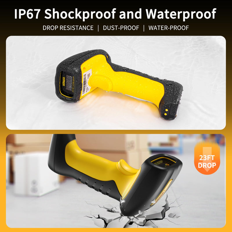 NetumScan Upgraded Industrial Bluetooth QR Barcode Scanner, IP67 Waterproof & 7M Drop Proof, 2600mAh Wireless 1D 2D Bar Code Scanner with Charging Stand for Store, POS, Computer, iPhone, Android NS-1288