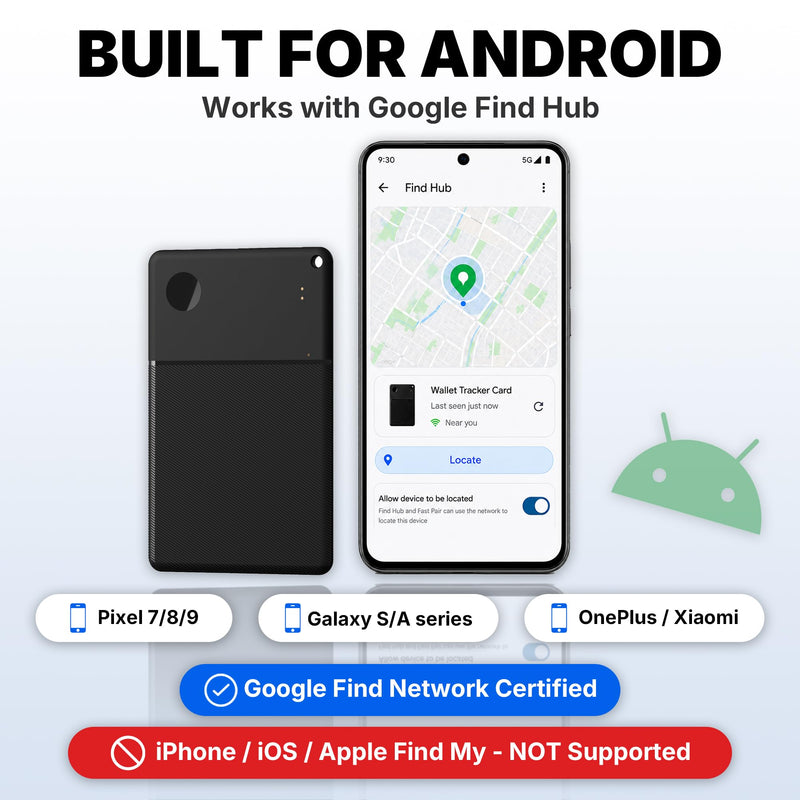 Wallet Tracker Card for Android, Ultra Thin 2.5mm Bluetooth Card Tracker, 5 Year Battery, Loud 115dB Locator for Wallet, Passport, Luggage, Works with Google Find Hub (Android Only)