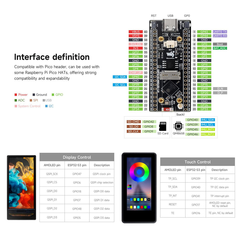 waveshare ESP32-S3 1.91inch AMOLED Display Development Board, 240×536, 32-bit LX7 Dual-core Processor, Up to 240MHz Frequency, Accelerometer and Gyroscope Sensor, with Touch Function