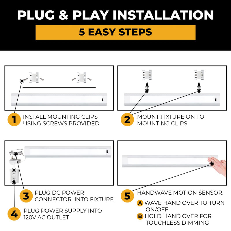 LED Hand Wave Motion Sensor Under Cabinet Lighting Plug In Kit - Dimmable Under Counter Lights for Kitchen - White Finish - 12 Inch (3Pack) - 12v LED Light Bar - Soft Neutral 3500K - Touchless Dimming 12 Inch (3 Pack)