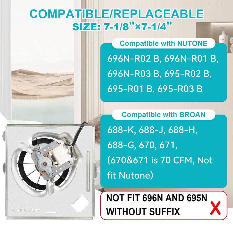 【Upgrade Pure Copper】 696N-R02 B Unit 70CFM Fan, Compatible with Broan 688-K, 688-G, 688-H, 688-J, Compatible with Nutone 696N-R01/R02 B Unit, 2.5Sones, S97012026 Bathroom Fan Motor Assembly