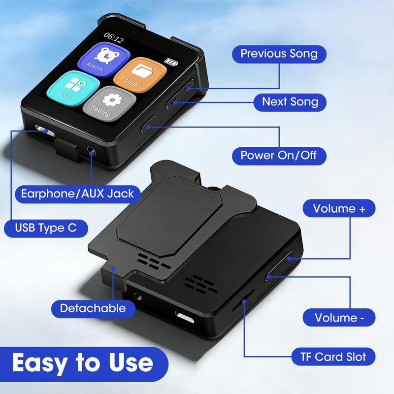 Bluetooth 5.3 Mini MP3 Player, 1.8" Touchscreen Portable Tiny Music Player with Speaker, FM Radio, Voice Recorder, Pedometer, Detachable Sports Clip with Earphones, 8GB Expandable up to 128GB, Black 8.0 GB