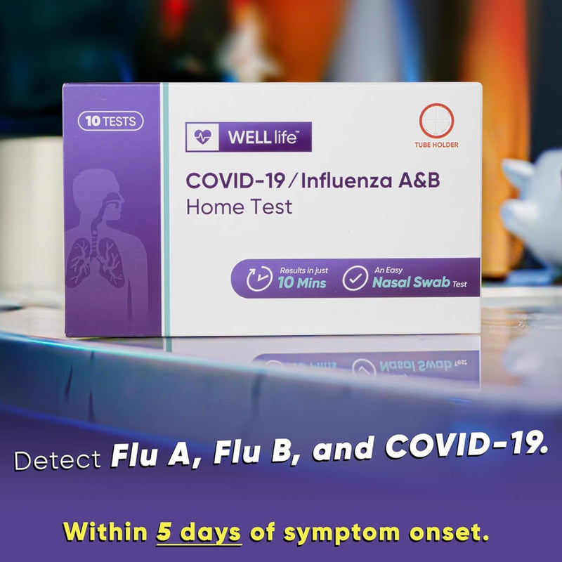 WELLlife COVID-19 & Flu A/B Home Test Kit, Covid Test 3-in-1 Antigen Covid Flu Combo Test, FDA EUA Authorized 10-Min Results with Non-Invasive Swab, 10 Tests