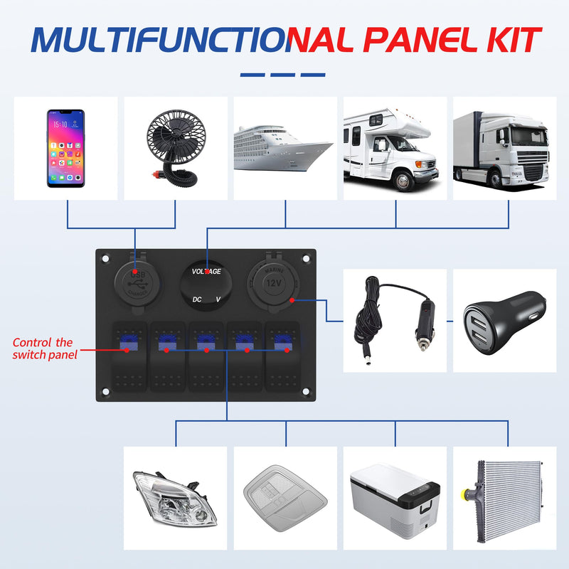 Waterproof Marine Switch Panel, 5 Gang Rocker Switch Panel 12V/24V Aluminum for Boat, 4.8A Dual USB Port, Cigarette Lighter Socket, LED Voltmeter, Pre-Wired 12 Volt Switch Panel for RV, Truck, Yacht