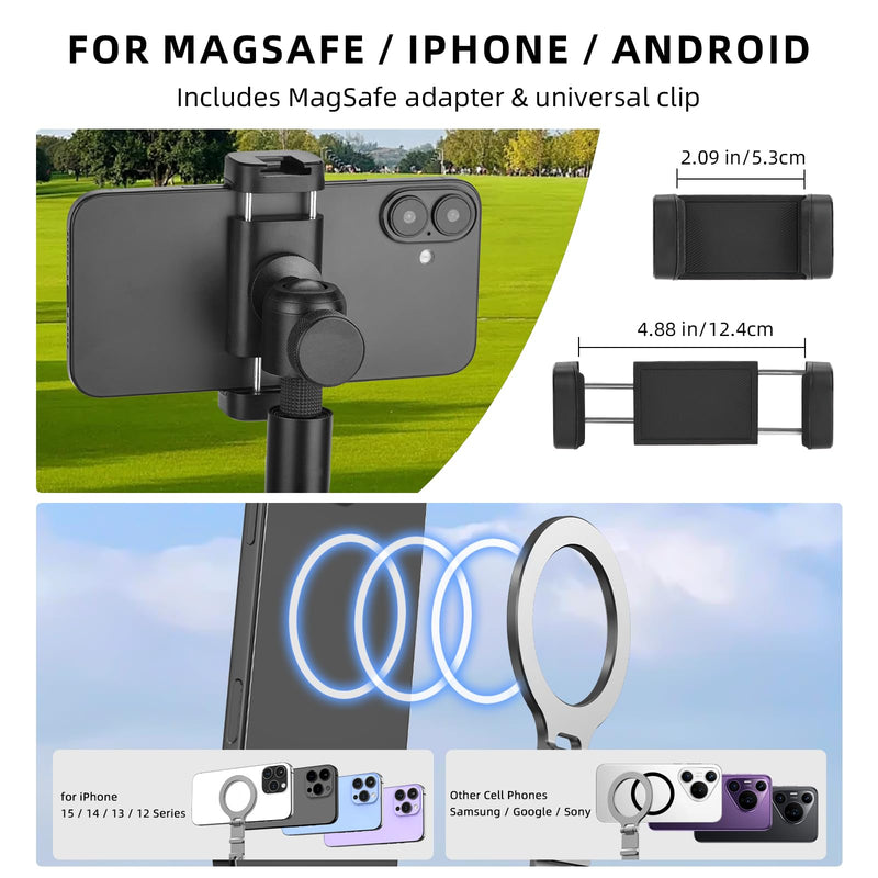 BRDRC Golf Tripod & Monopod Magnetic Phone Stand Holder Golf Selfie Stick Recording Stick Aluminum Golf Swing Training Aid with Mag Safe Adapter & Phone Clip for MagSafe/iPhone Android Accessories