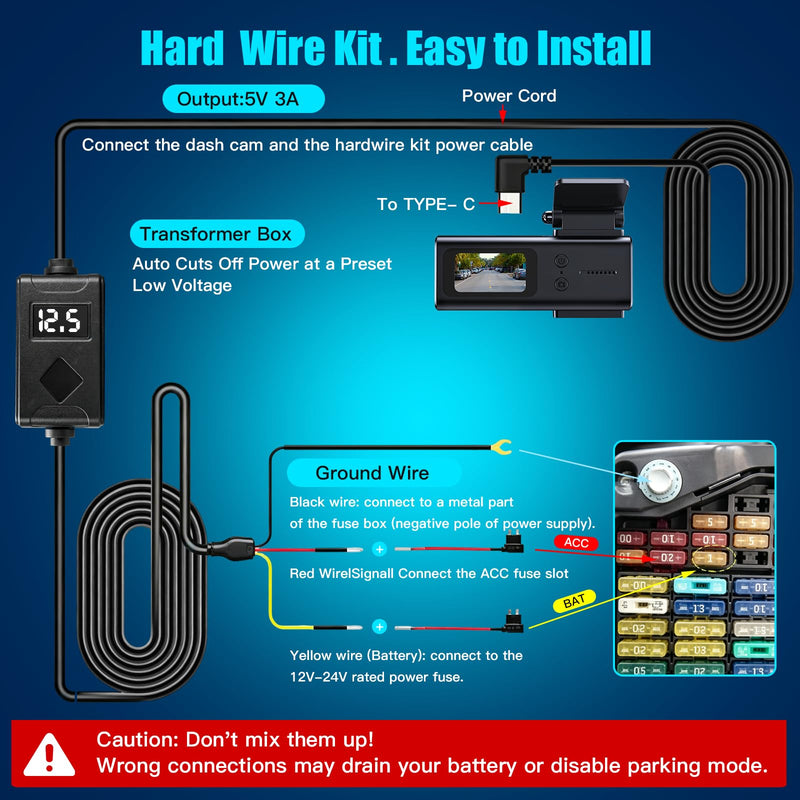 USB-C Dash Cam Hardwire Kit with Acc Detection, LED Display, 4-Level Adjustable Low Volt Protection(11.6V/23.4V Auto-Cutoff), 12V-24V to 5V/3A Adapter, 3-Lead Cable for Recorder 24/7 Parking Mode