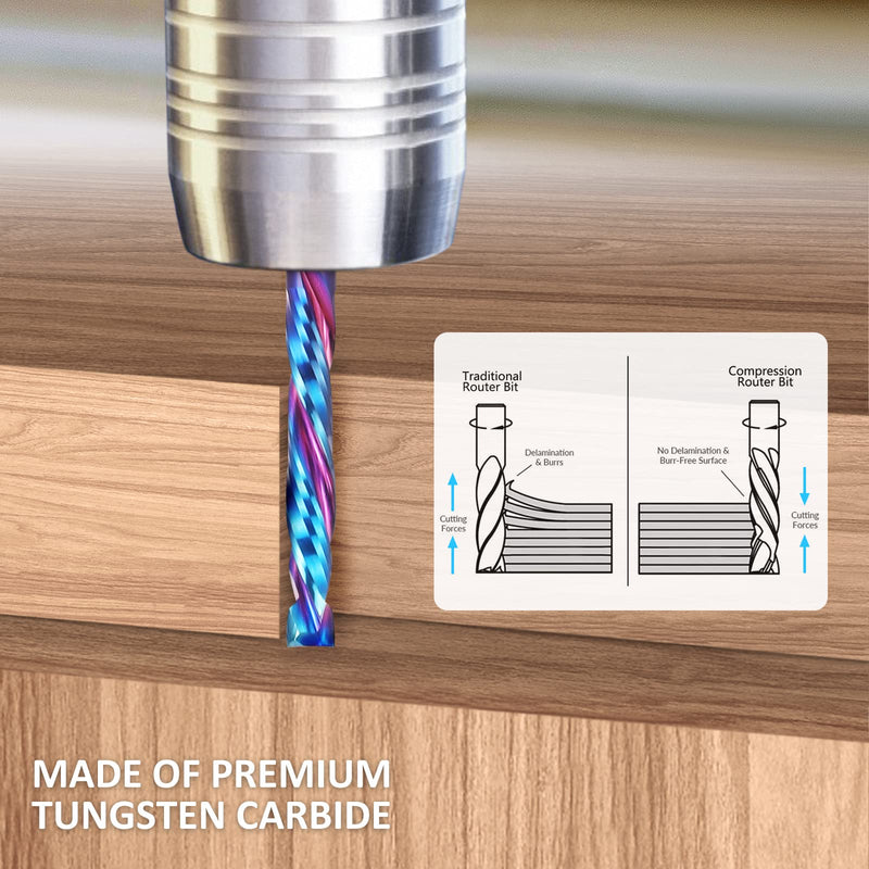 HQMaster Up & Down Cut Compression Bit 1/8" Shank Spiral CNC Router End Mill Tungsten Carbide Milling Cutter Set 5 Pack 1/8" x 1/8" x 7/8" x 1-31/32"