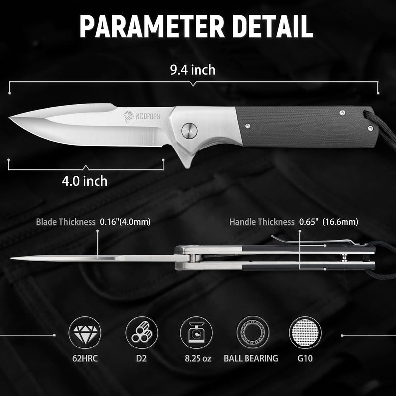 NedFoss Beast Large Pocket Knife for Men, 4" D2 Steel Blade, G10 Handle | Liner Lock, Heavy Duty, 8.25oz, Brass Ball Bearing, Folding Tactical Knife with Clip for Hiking Camping Gifts for Men Women Silver - 4"
