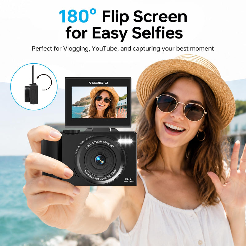 5K Digital Camera, 80MP 18X Autofocus Video 3.0" IPS LCD Flip Screen Vlog Camera for YouTube, 32GB SD Card USB 2.0 Detachable Rechargeable Li Battery Anti-Shake Compact Camera for Party Beginner Black