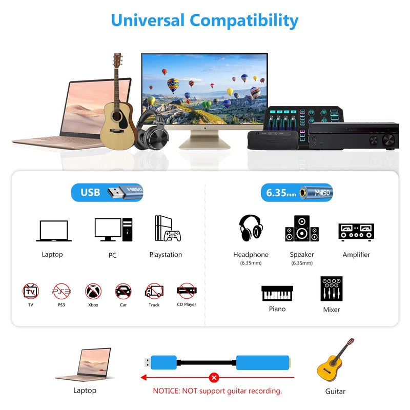 MillSO USB to 1/4 Jack Audio Adapter Type-A to 6.35mm Female TRS Headphone Aux Adapter Stereo USB External Sound Card for Laptop, PC, Amplifier, Speaker, 6.35mm Headphone 12 inch USB-A Male to 1/4 Female