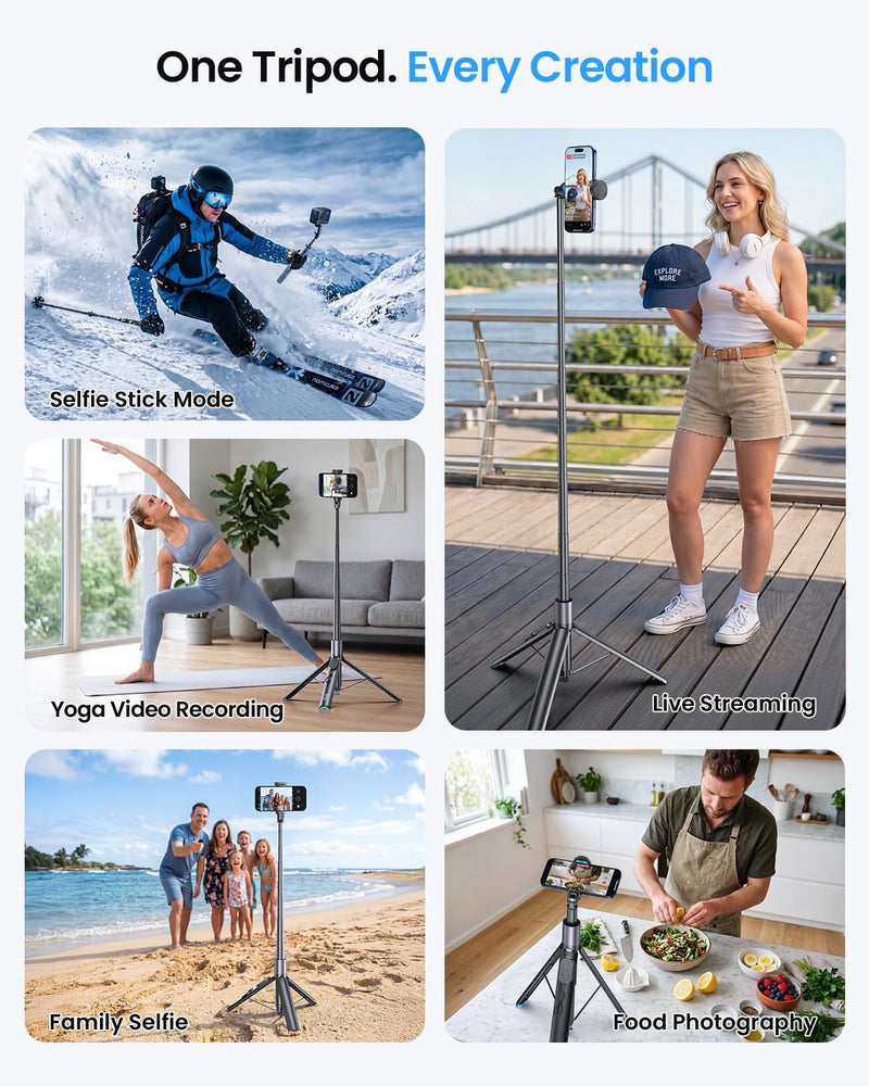 LOXP 67'' Phone Tripod with Remote, 0.01s Auto-Open for Content Creator | Selfie Stick for iPhone/ Android, Portable iPhone Tripod with Cold Shoe/ 1/4" Adapter for Travel, Vlog, Live, Golf, Video Black