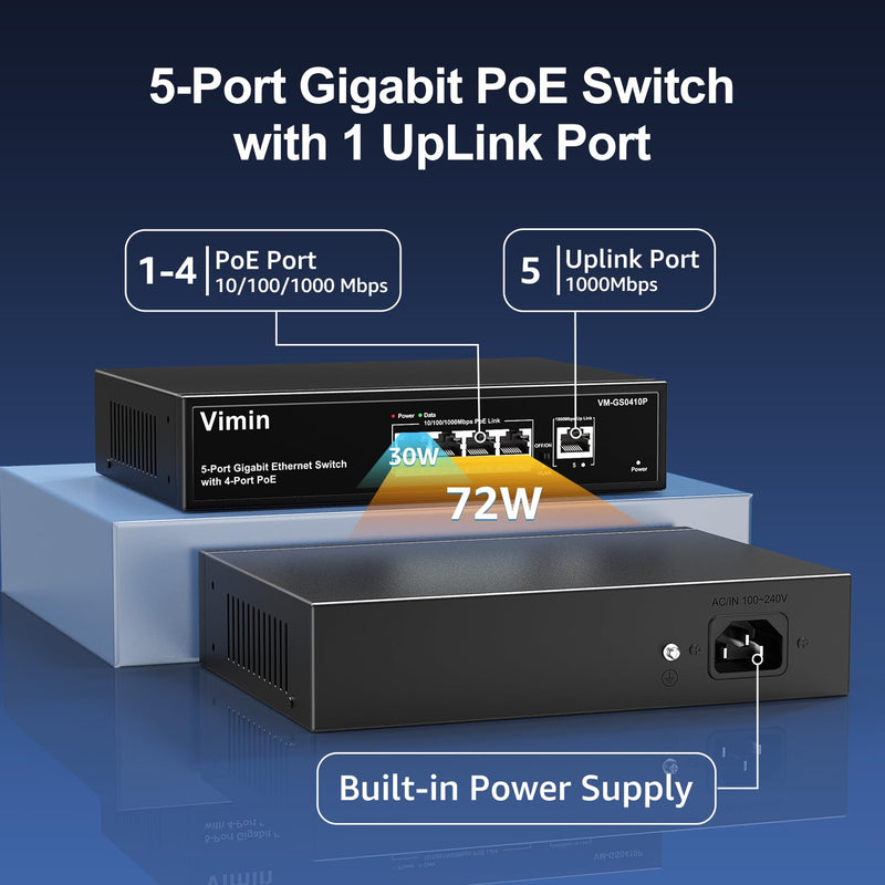 VIMIN 4 Port Gigabit PoE Switch with 2 Port PoE Extender, Black, RJ45, Supports IEEE802.3af/at, 72W, 1 Layer, 5Gbps, Compatible with Camera, Printer, Laptop, Plastic Case, Indoor Use, Plug and Play