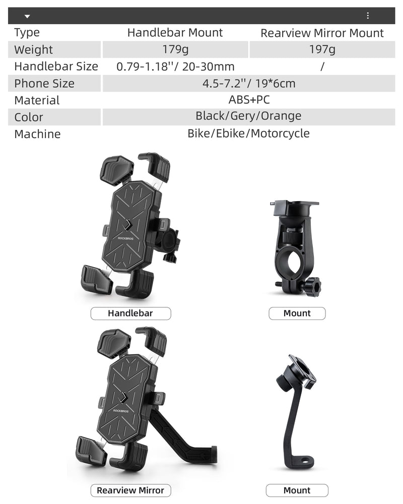 ROCKBROS Bike Phone Holder Mount for 4.5''-7.1'' Phones, Quick Release Handlebar Clamp, 360 Rotatable Motorcycle Mount Handlebar Mount Black