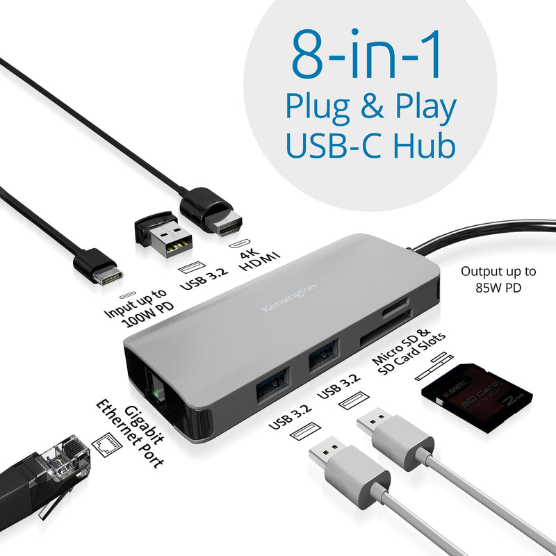 Kensington UH1400P 8-in-1 USB-C Hub with 85W Pass Through Charging Power Delivery, 4K 60Hz HDMI, Ethernet, MicroSD Card, 3 USB-A 3.2 for M1 /M2 Macbook Pro Air, HP, Lenovo, iPad Pro, Silver (K33820WW) USB-C Ultra Portable Dock 4K 60Hz USB C Hub