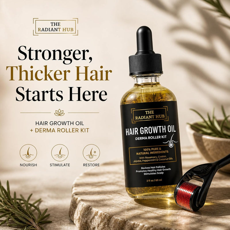 Rosemary Oil for Hair Growth & Derma Roller Kit - Castor, Jojoba, Peppermint & Coconut Oils for Thicker Stronger Hair, Stimulates Scalp & Revives Follicles - For Men & Women - 60 ml