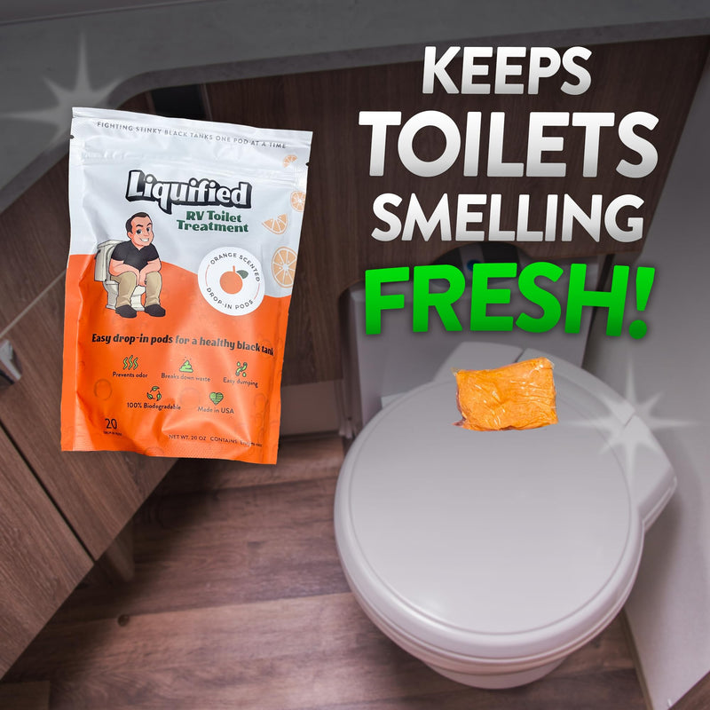 Liquified RV Toilet Treatment Drop-Ins - Prevents Tank Odors - Breaks Down Waste and Tissue - Septic Tank Safe - Matts RV Reviews - Orange Scent - 20 Treatments (20 1oz pods) 20 Count (Pack of 1)