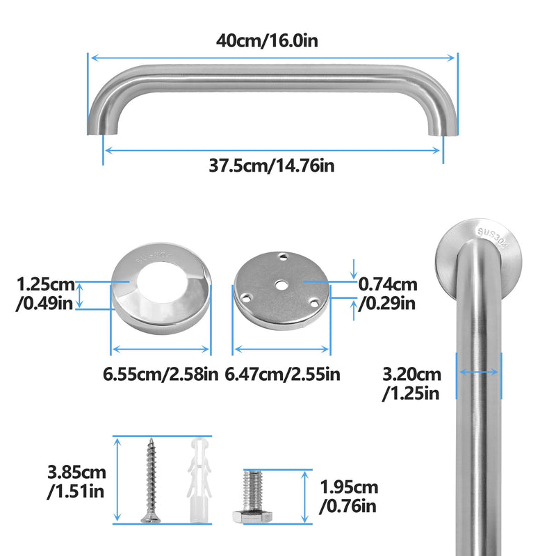 Shower Grab Bar, 2 Pack 16 Inch Brushed Nickel Bathroom Safety Bar, 1.25" Diameter 304 Stainless Steel Grab Bars for Bathtubs and Showers, Handicap Shower Grab Bar for Seniors Elderly