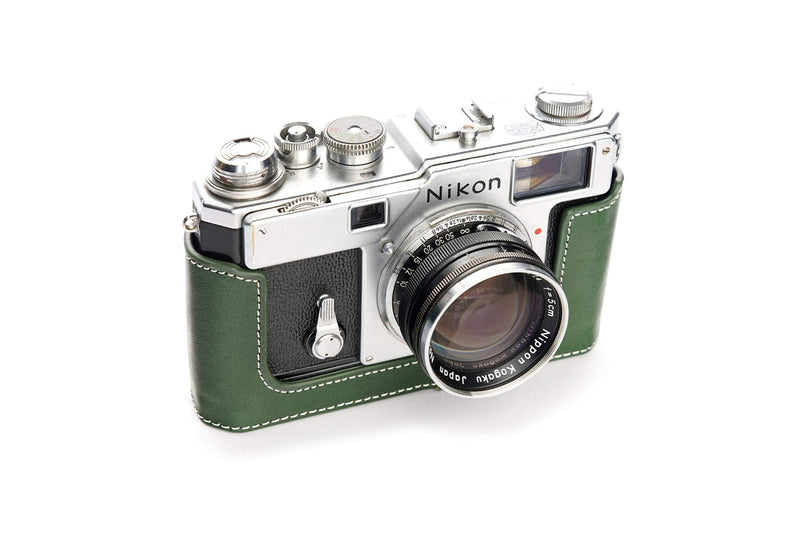 S3 Film Camera Case, Handmade Genuine Real Leather Half Camera Case Bag Cover for Nikon S3 Film Camera With Hand Strap (Green) Green