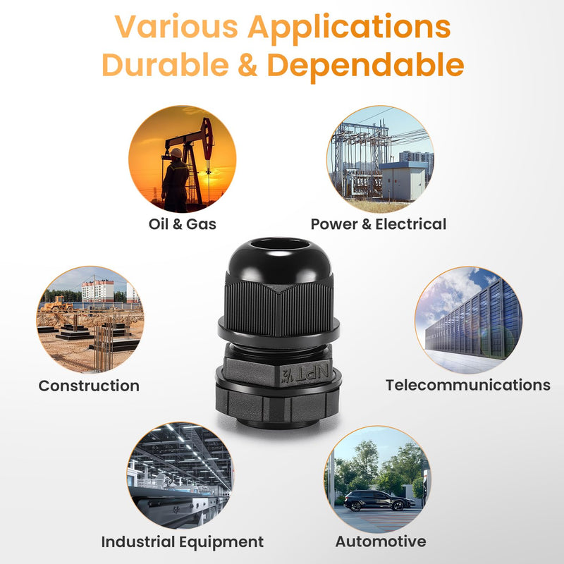 QILIPSU 50pcs 1/2" NPT Cable Gland Waterproof IP68 Nylon Cable Pass Through Cord Grip Connector Strain Relief Wire Grommet 1/2" NPT 50pcs