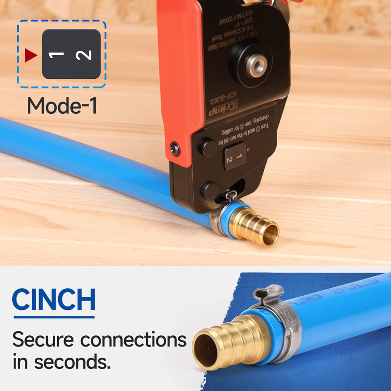 iCrimp One-Hand PEX Pipe Cinch Tool Kit, PEX Crimping Tool with Removing Function for 3/8-1 inch Clamp Rings, with 20PCS 1/2-in, 10PCS 3/4-in PEX Clamps and Pipe Cutter Auto Release Cinch & Remove Kit