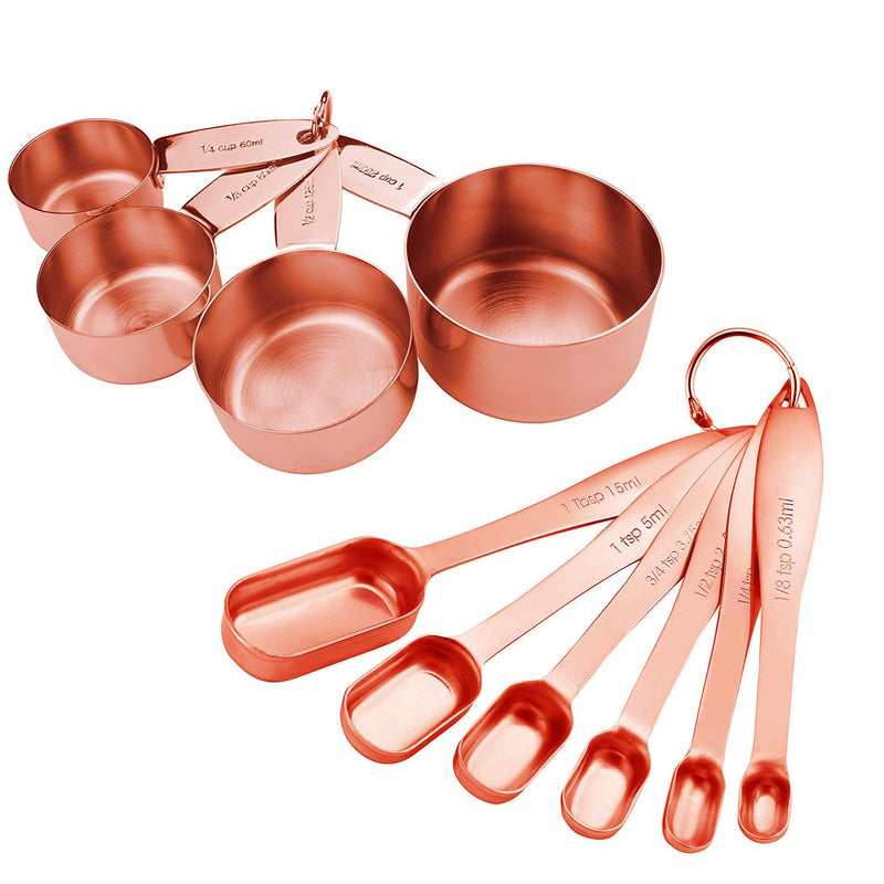 10-Piece Copper Measuring Cups and Spoons Set Stainless Steel Heavy Duty Rose Gold Engraved Stackable Nesting Kitchen Teaspoon/Tablespoon Set for Dry & Liquid Ingredients Coffee Cooking & Baking