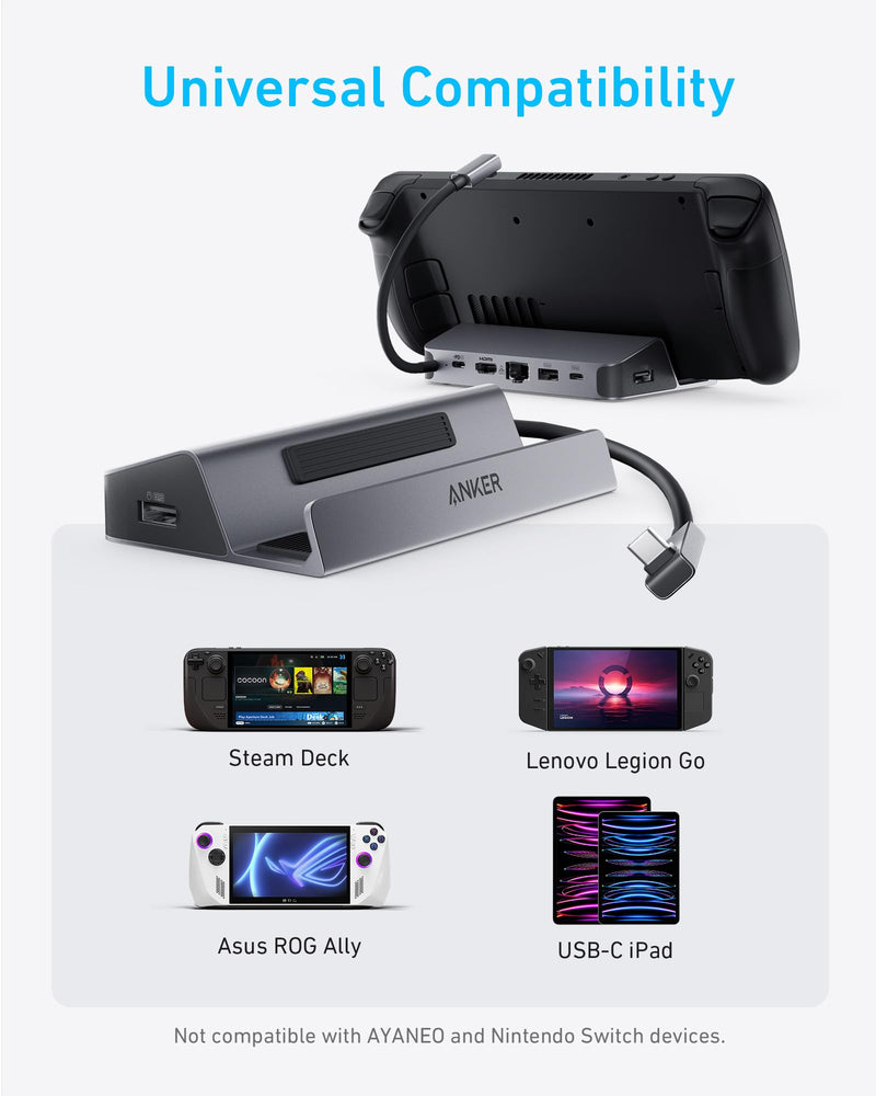 Anker Steam Deck Dock, 6-in-1 4K@60Hz HDMI Docking Station for Steam Deck | USB-C & 2 USB-A Data Ports, 1 Gbps Ethernet, Fast Charging, for Steam Deck (OLED)/ROG Ally/Legion Go (Not for Rog Ally X)