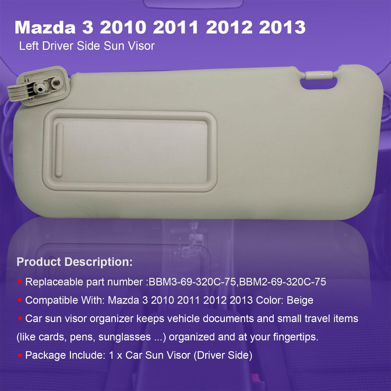 NHILES Left Driver Side Sun Visor Compatible with Mazda 3 2010 2011 2012 2013 BBM2-69-320C-75 BBM3-69-320C-75 Beige left driver without lights