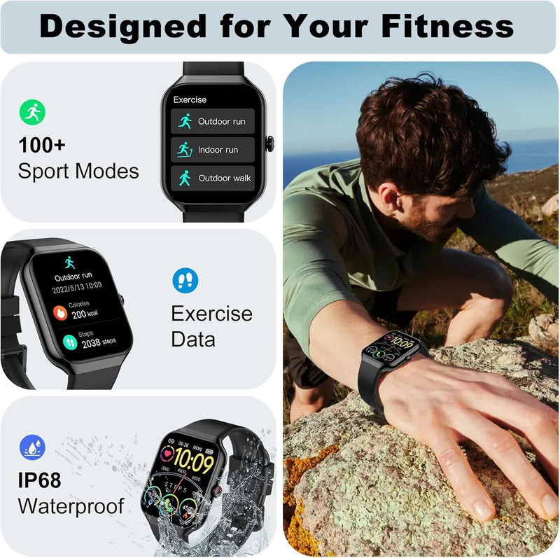 Fempoin Smart Watch for Women Men,1.96" Smartwatch, Answer/Make Call | IP68 Waterproof Fitness Tracker, 100+ Sport Modes, Heart Rate and Sleep Monitor, Pedometer, Smartwatches for Android iOS Black