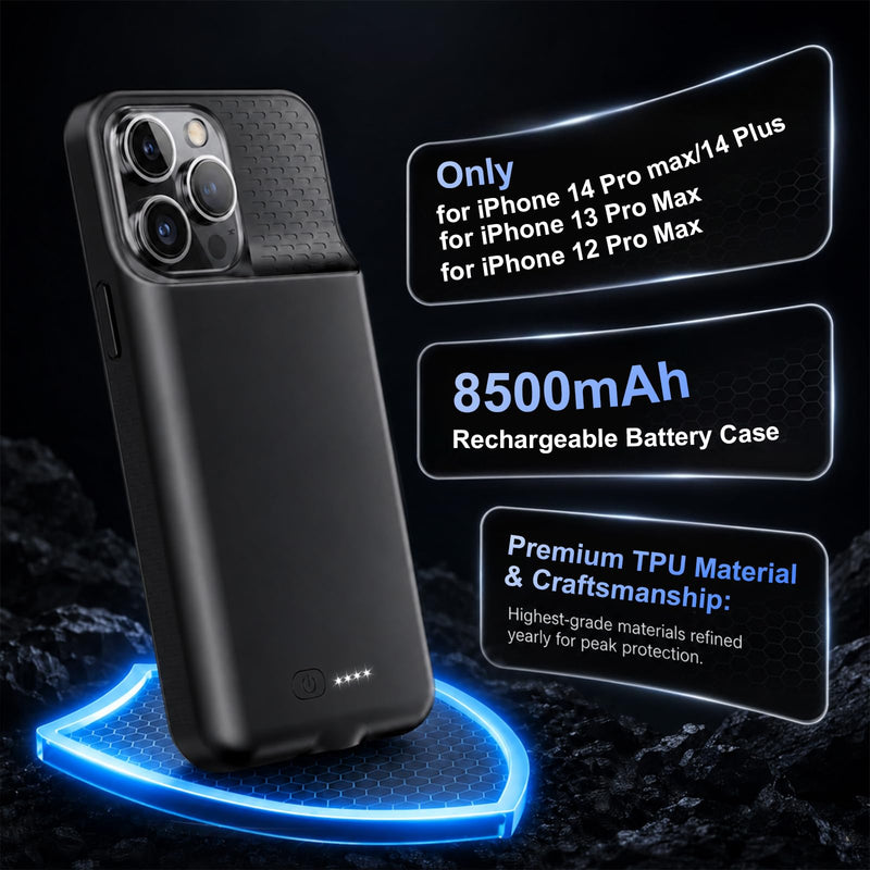 Battery Case for iPhone 14 Pro Max/14 Plus/13 Pro Max/12 Pro Max, Rechargeable Case Charger Soft TPU Anti-Slip Slim 8500mAh 15W Fast Charging Juice Box for 12/13/14 Pro Max/14 Plus 6.7inch-Black Black