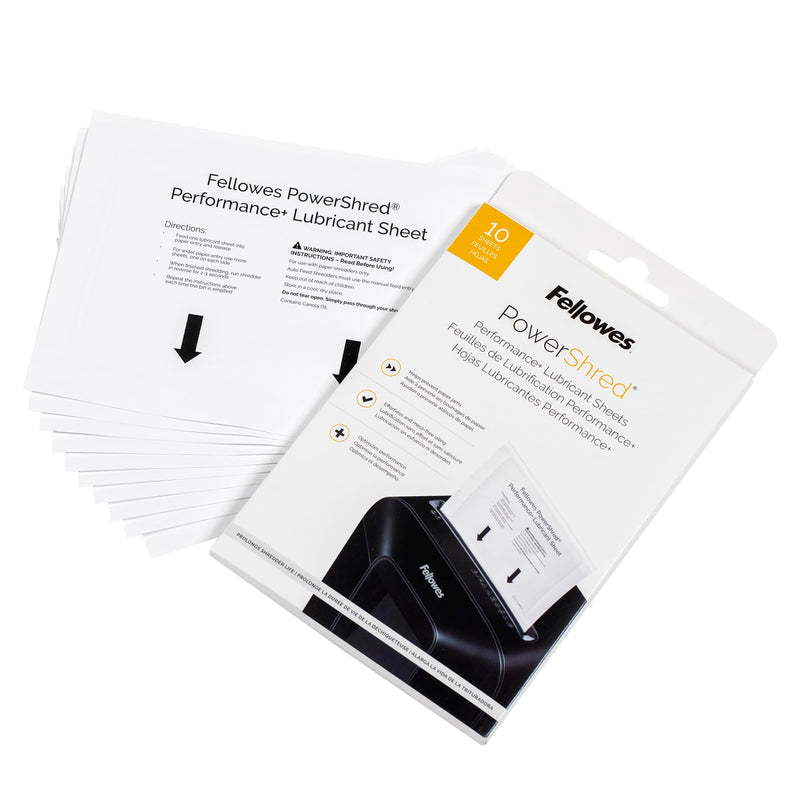 Fellowes Powershred Performance Paper Shredder Lubricant Sheets with Paper Shredder Oil Lubricant for Cross-Cut and Micro-Cut Paper Shredders, 6 x 8.50 x 0.031 Inch, 10-Pack