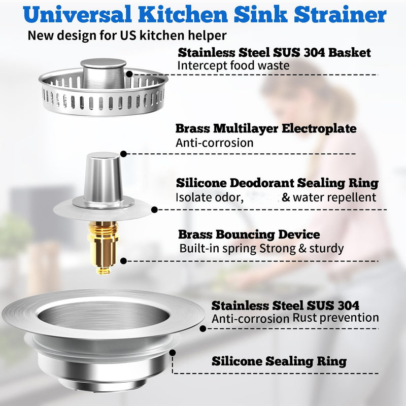 Upgraded 3 in 1 Kitchen Sink Drain Strainer Stopper, Brushed Stainless Steel SUS 304 Pop Up Sink Drain Stopper for Standard 3-1/2 Inch Drain Anti-Clogging Odor Prevention SUS304Drain+SUS304Strainer-2Pack