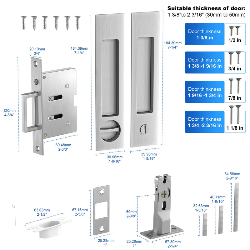 Dontay Pocket Door Handle and Edge Pull, Narrow Modern Rectangular Keyed Entry Function, Recessed Sliding Door Hardware for 1 3/8” to 2 3/16” Thickness Door (Privacy Lock, Brushed Nickel, 1 Pack) Privacy Lock