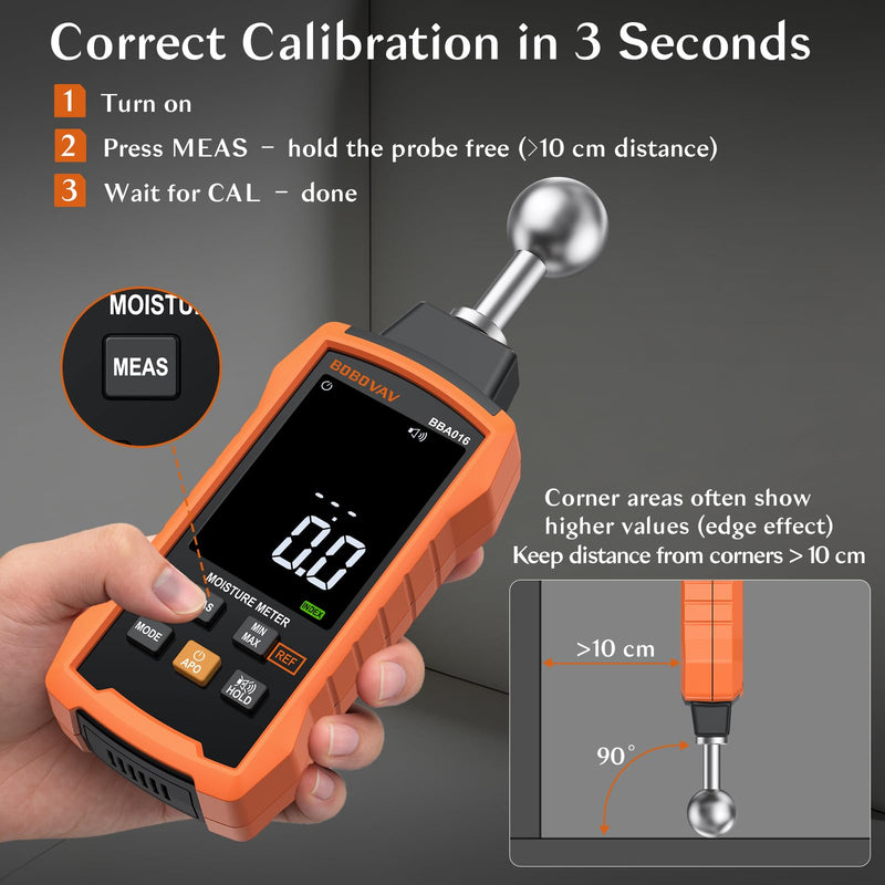 Moisture Meter with Ball Probe, 5–40mm Detection, 5 Modes, 3-Color Display with Sound Alarm, REF Function & Data Hold – Pinless Moisture Meter for Wood, Walls, Floors, Concrete & Cement