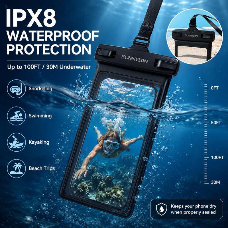 3D TPU Waterproof Phone Pouch, IPX8 Underwater Phone Case 100FT, Touch Screen Cell Phone Dry Bag with Lanyard, 7 Inch Fits iPhone 17-14 Pro Max, Samsung Galaxy S26/S25/S24 Ultra (Blue+Black) Blue+Black