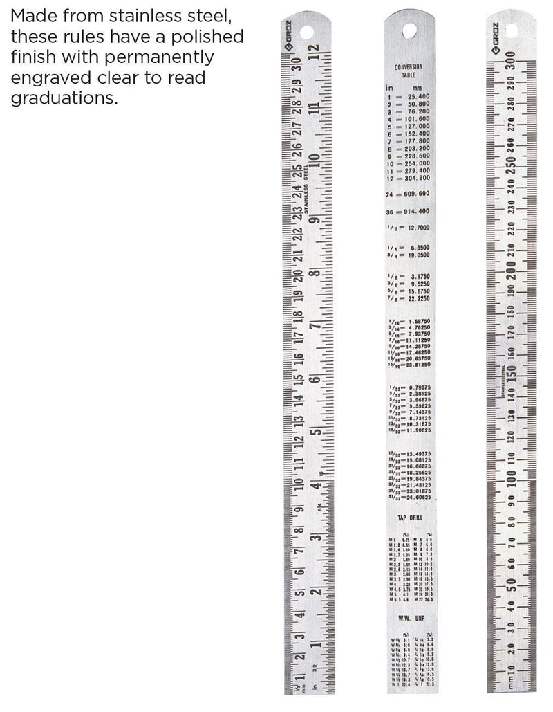 Groz 01334 40" Stainless Steel Ruler - Dual Imperial/Metric Scale, Polished Finish, Conversion Table, Durable Engraved Markings 40 Inch